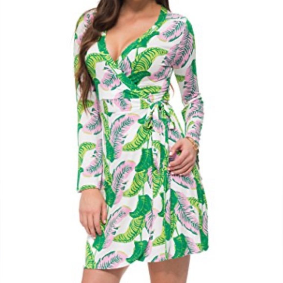 Tropical Leaf Print Wrap Dress - Picture 1 of 10
